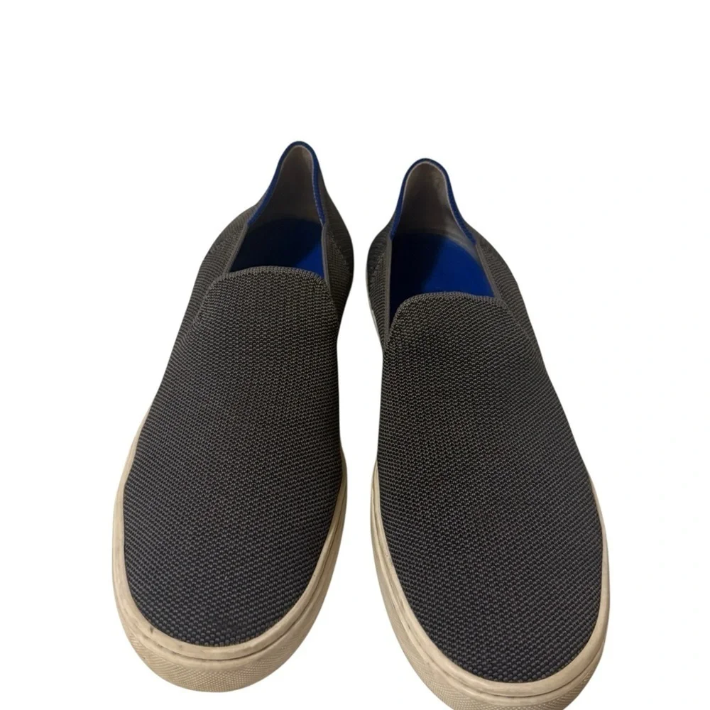 Rothy's THE SNEAKER Recycled Gray Knit Slip On, cream and Blue in the back